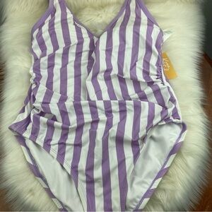KONA SOL V-NECK OVER THE SHOULDER SWIMSUIT PURPLE AND WHITE SIZE 14W